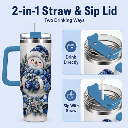 #pl[40oz|Blue] Blue Christmas Snowman Handled Tumbler, 40oz Winter Drinkware