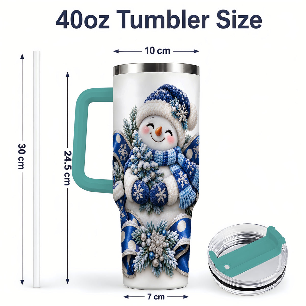 #pl[40oz|Green] Blue Christmas Snowman Handled Tumbler, 40oz Winter Drinkware