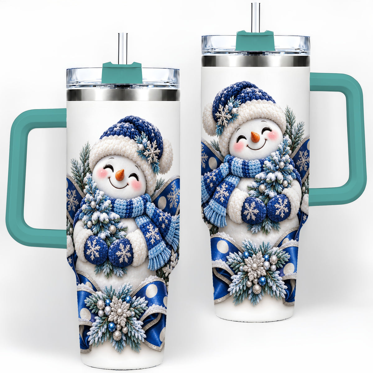 #pl[40oz|Green] Blue Christmas Snowman Handled Tumbler, 40oz Winter Drinkware