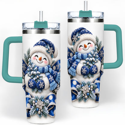 #pl[40oz|Green] Blue Christmas Snowman Handled Tumbler, 40oz Winter Drinkware