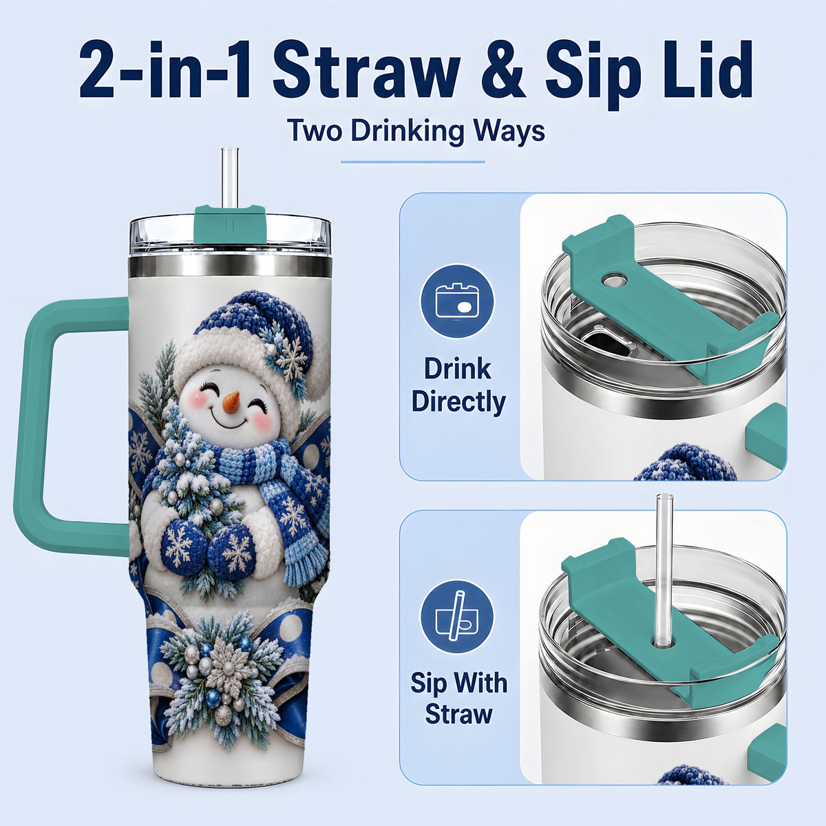 #pl[40oz|Green] Blue Christmas Snowman Handled Tumbler, 40oz Winter Drinkware