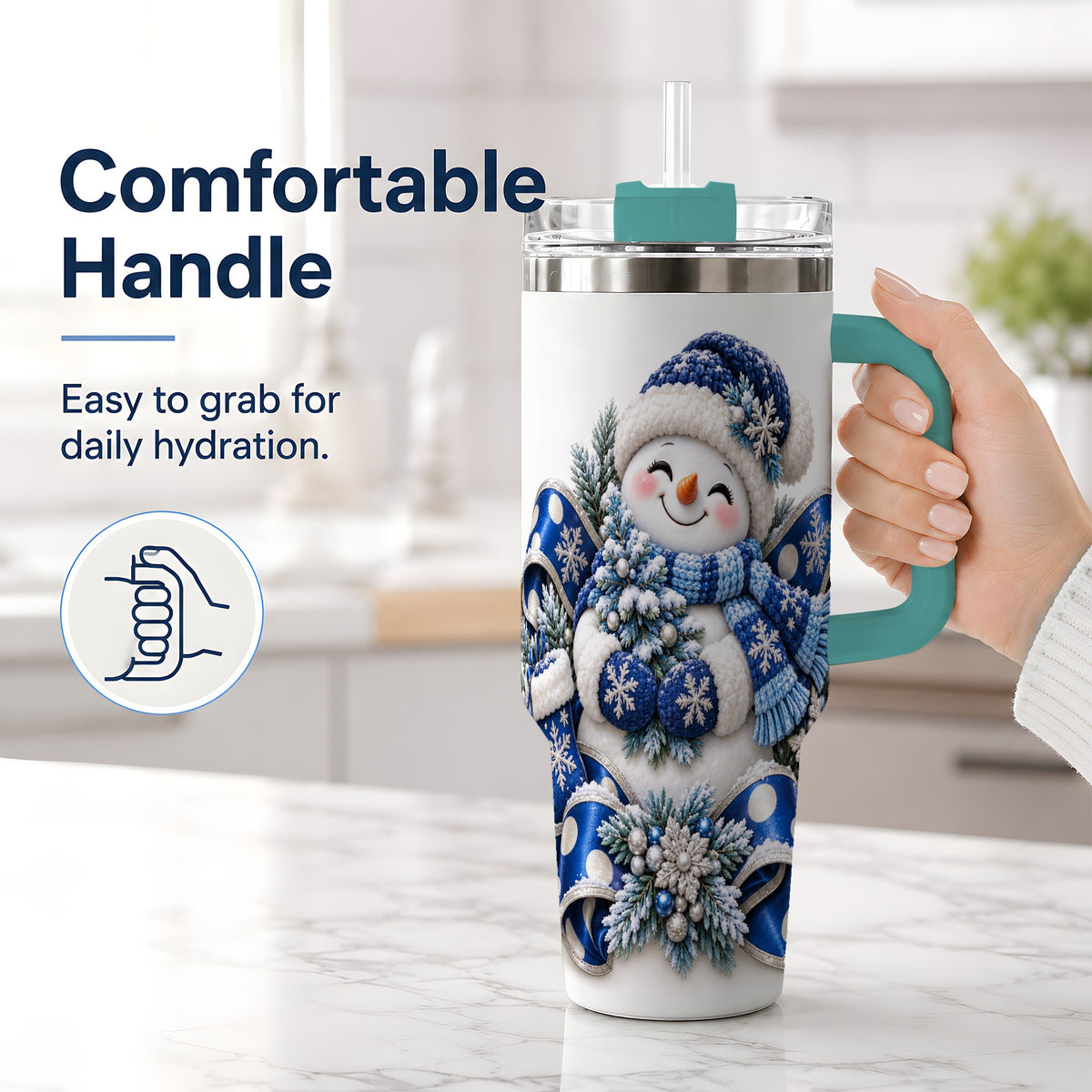 #pl[40oz|Green] Blue Christmas Snowman Handled Tumbler, 40oz Winter Drinkware