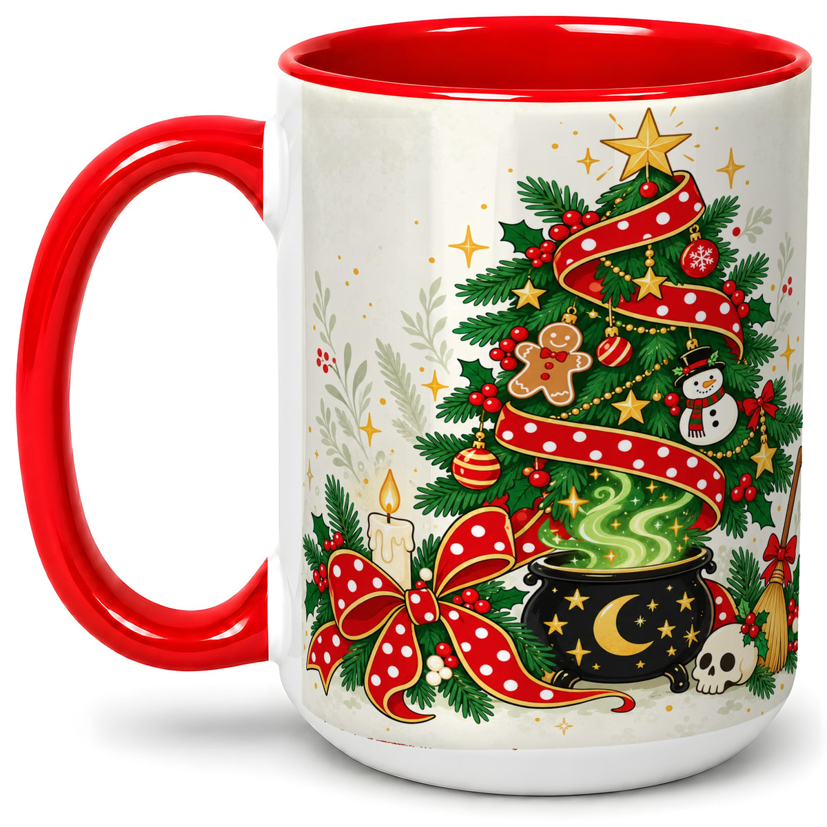 #pl[15oz|Red] Spooky Christmas Tree Accent Mug, Ceramic Cup with Witchy Artwork