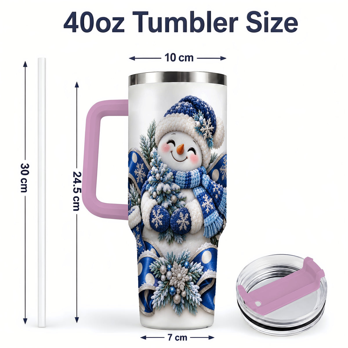 #pl[40oz|Pink] Blue Christmas Snowman Handled Tumbler, 40oz Winter Drinkware