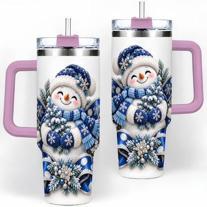 #pl[40oz|Pink] Blue Christmas Snowman Handled Tumbler, 40oz Winter Drinkware