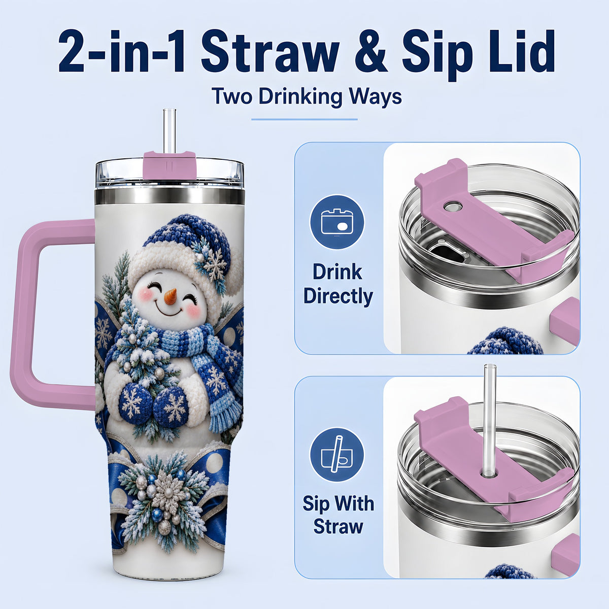 #pl[40oz|Pink] Blue Christmas Snowman Handled Tumbler, 40oz Winter Drinkware