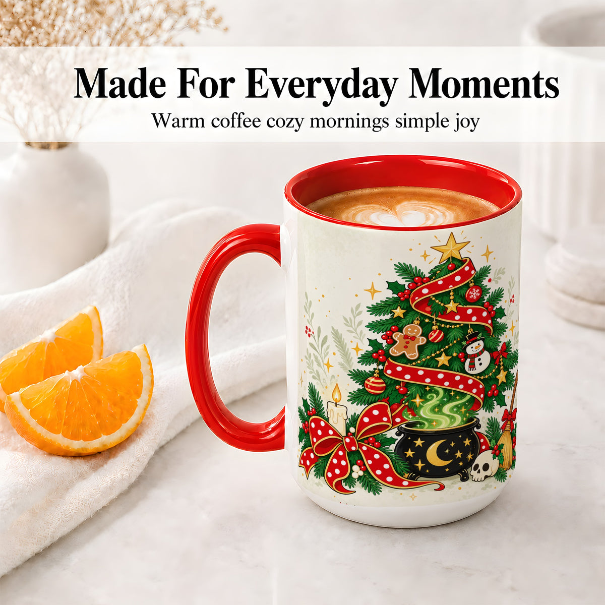 #pl[15oz|Red] Spooky Christmas Tree Accent Mug, Ceramic Cup with Witchy Artwork