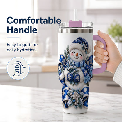 #pl[40oz|Pink] Blue Christmas Snowman Handled Tumbler, 40oz Winter Drinkware