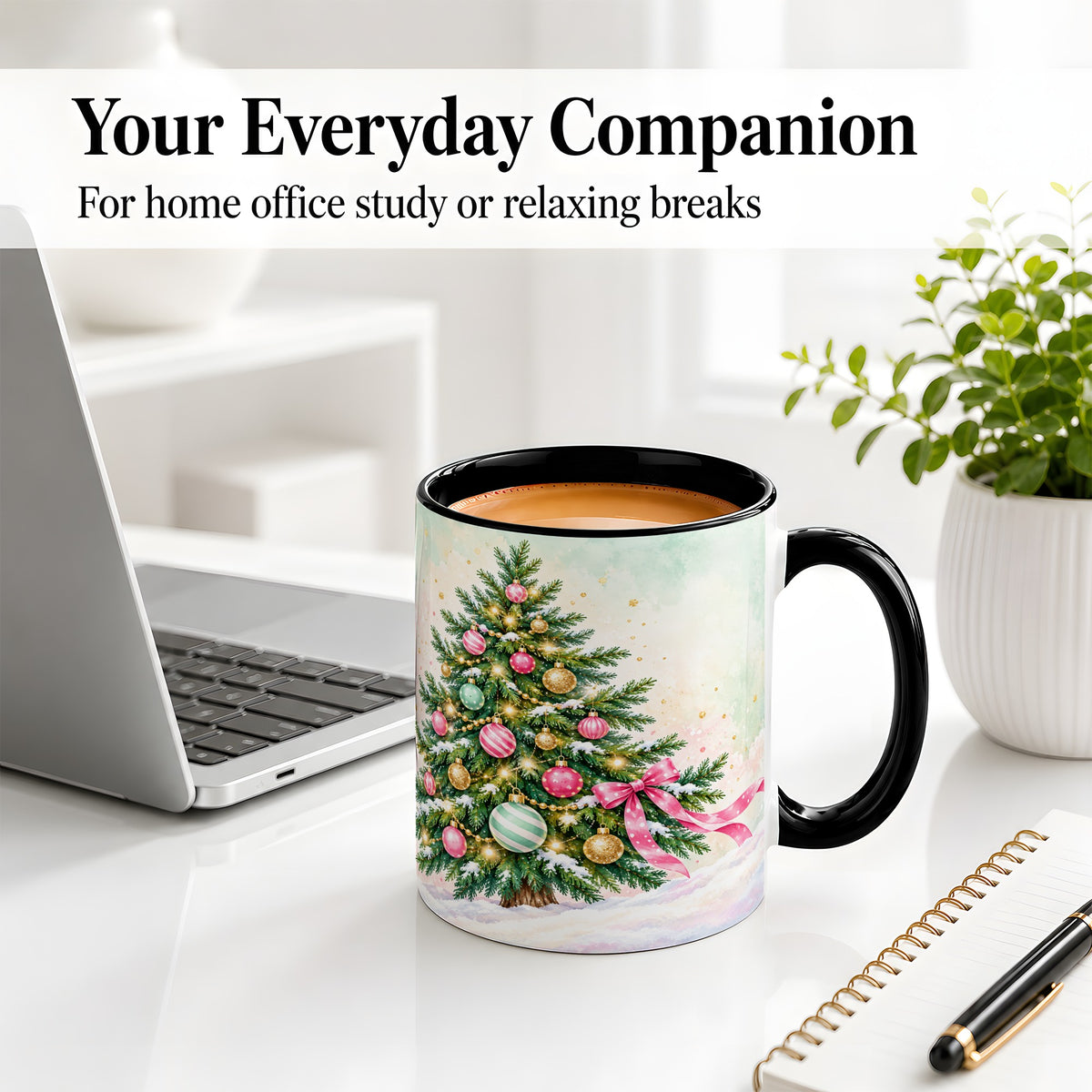 #pl[11oz|Black] Pastel Christmas Tree Accent Mug, Ceramic Cup with Pink Bow Art