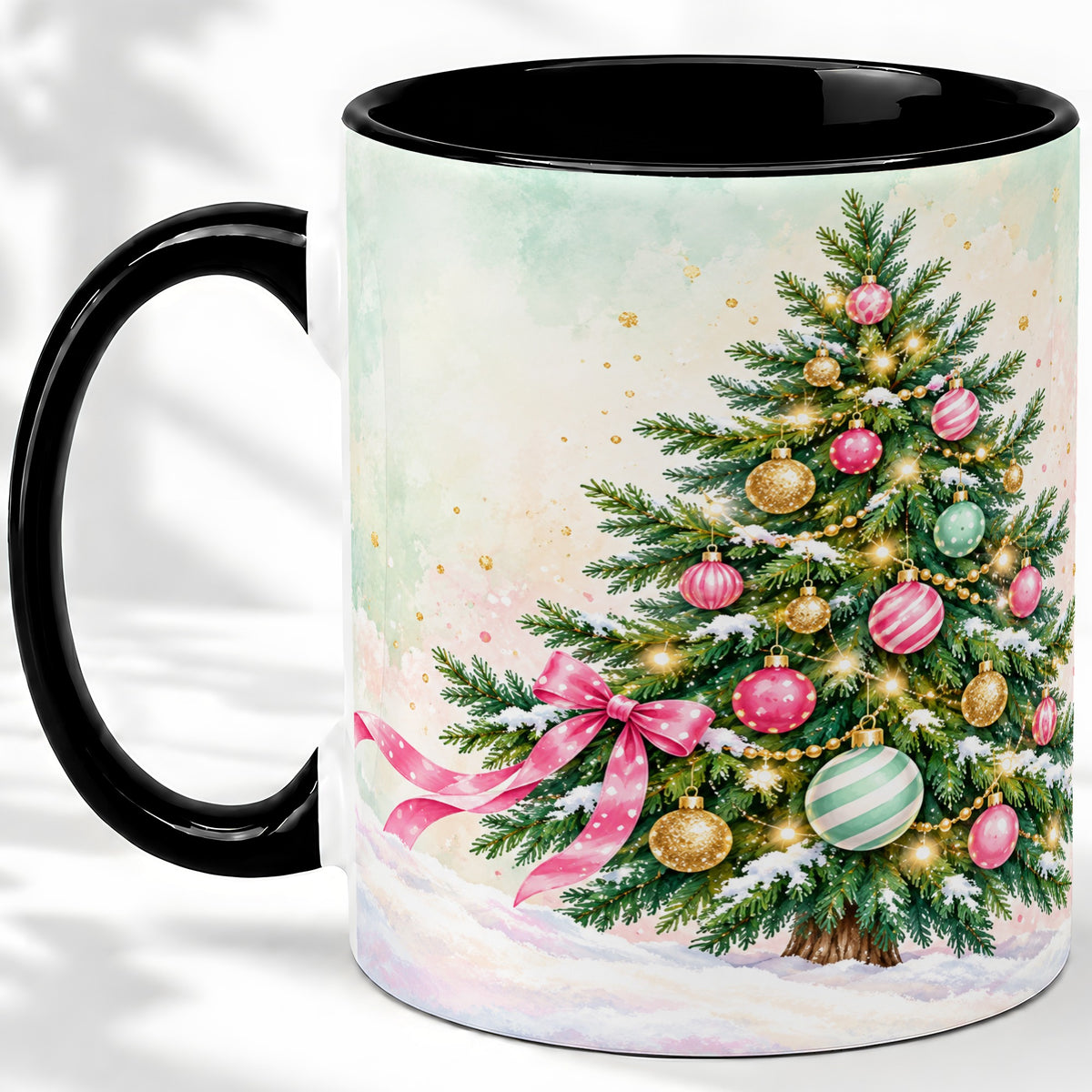 #pl[11oz|Black] Pastel Christmas Tree Accent Mug, Ceramic Cup with Pink Bow Art