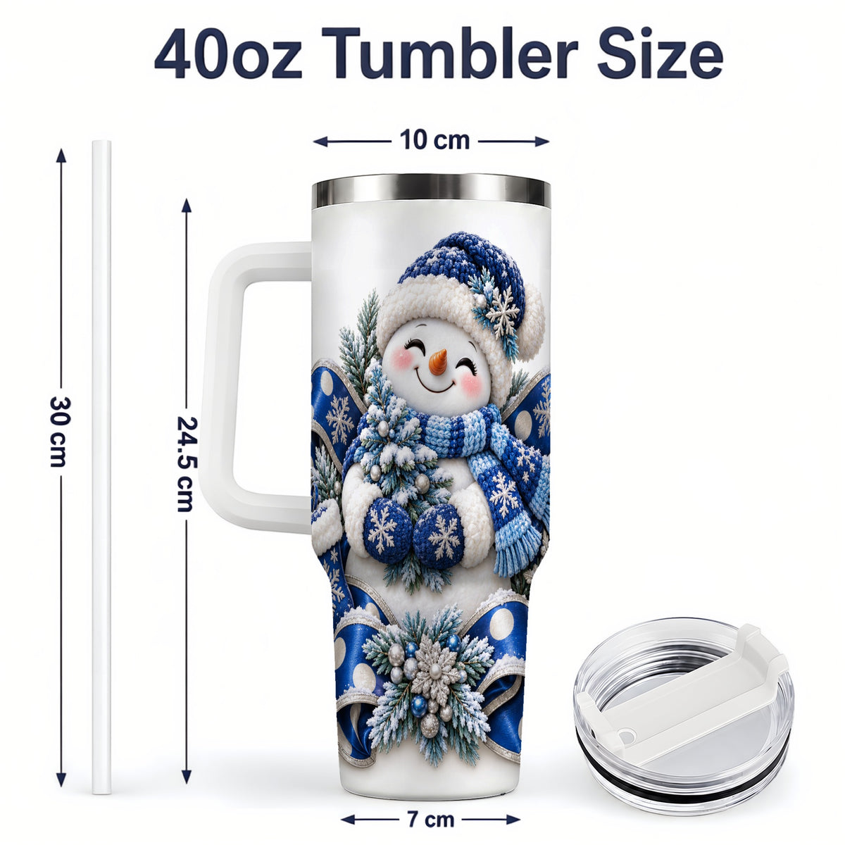 #pl[40oz|White] Blue Christmas Snowman Handled Tumbler, 40oz Winter Drinkware