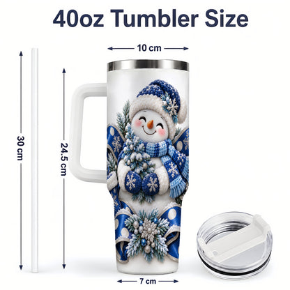 #pl[40oz|White] Blue Christmas Snowman Handled Tumbler, 40oz Winter Drinkware