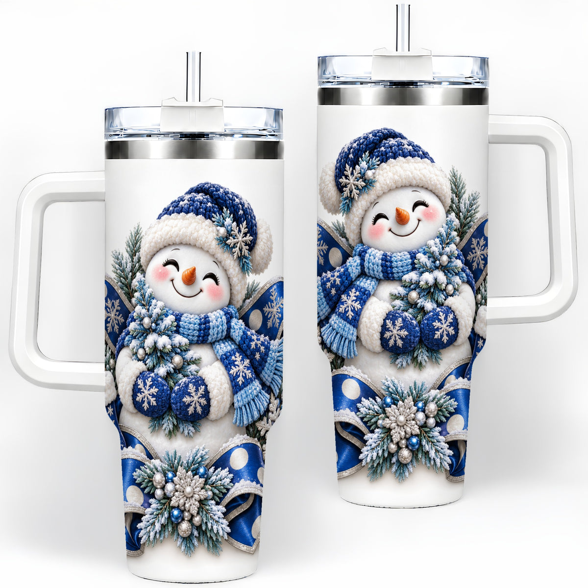 Blue Christmas Snowman Handled Tumbler, 40oz Winter Drinkware