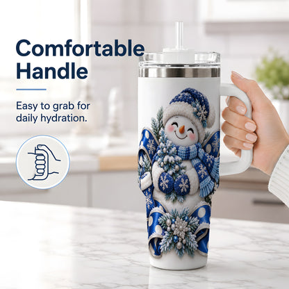 #pl[40oz|White] Blue Christmas Snowman Handled Tumbler, 40oz Winter Drinkware