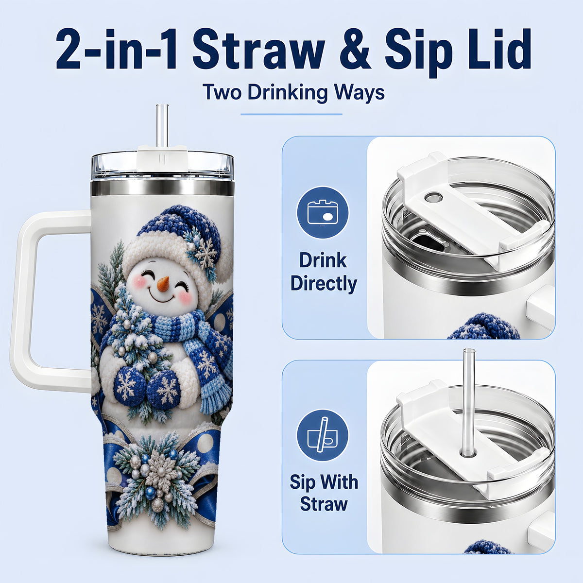 #pl[40oz|White] Blue Christmas Snowman Handled Tumbler, 40oz Winter Drinkware