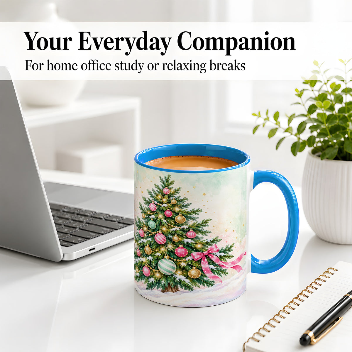 #pl[11oz|Blue] Pastel Christmas Tree Accent Mug, Ceramic Cup with Pink Bow Art
