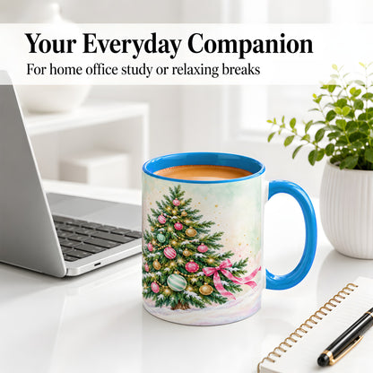 #pl[11oz|Blue] Pastel Christmas Tree Accent Mug, Ceramic Cup with Pink Bow Art
