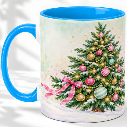 #pl[11oz|Blue] Pastel Christmas Tree Accent Mug, Ceramic Cup with Pink Bow Art