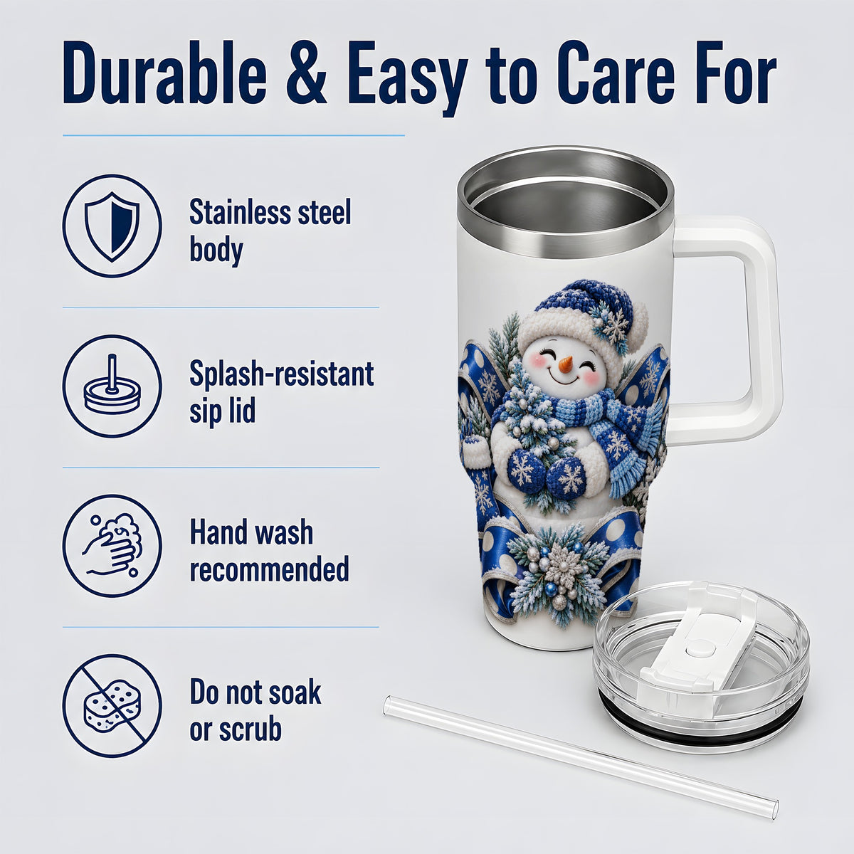 Blue Christmas Snowman Handled Tumbler, 40oz Winter Drinkware