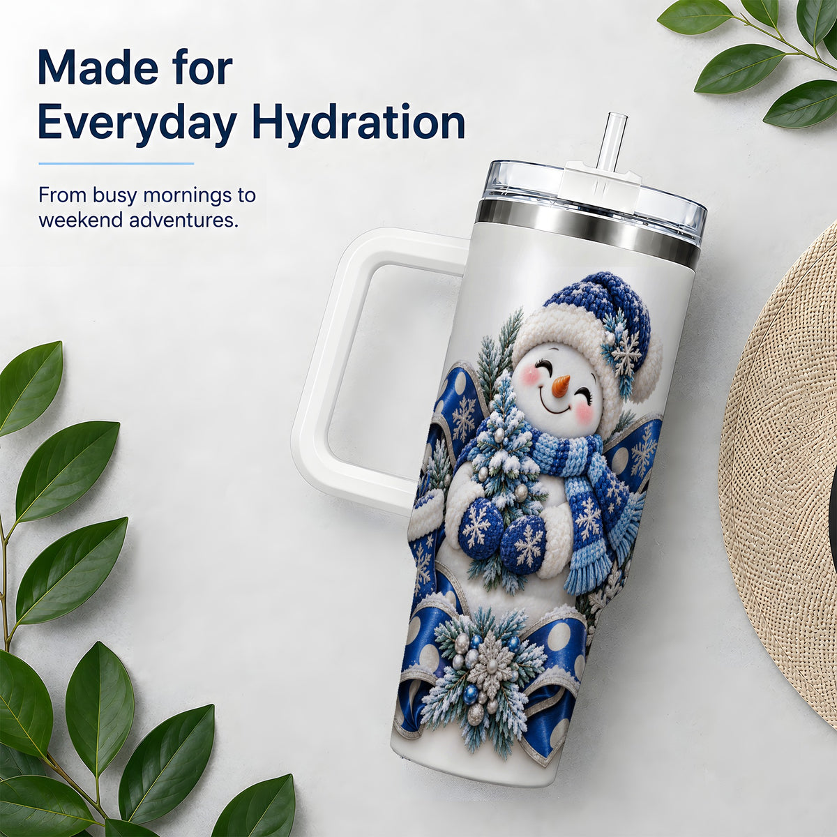 Blue Christmas Snowman Handled Tumbler, 40oz Winter Drinkware