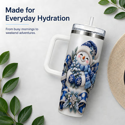 Blue Christmas Snowman Handled Tumbler, 40oz Winter Drinkware