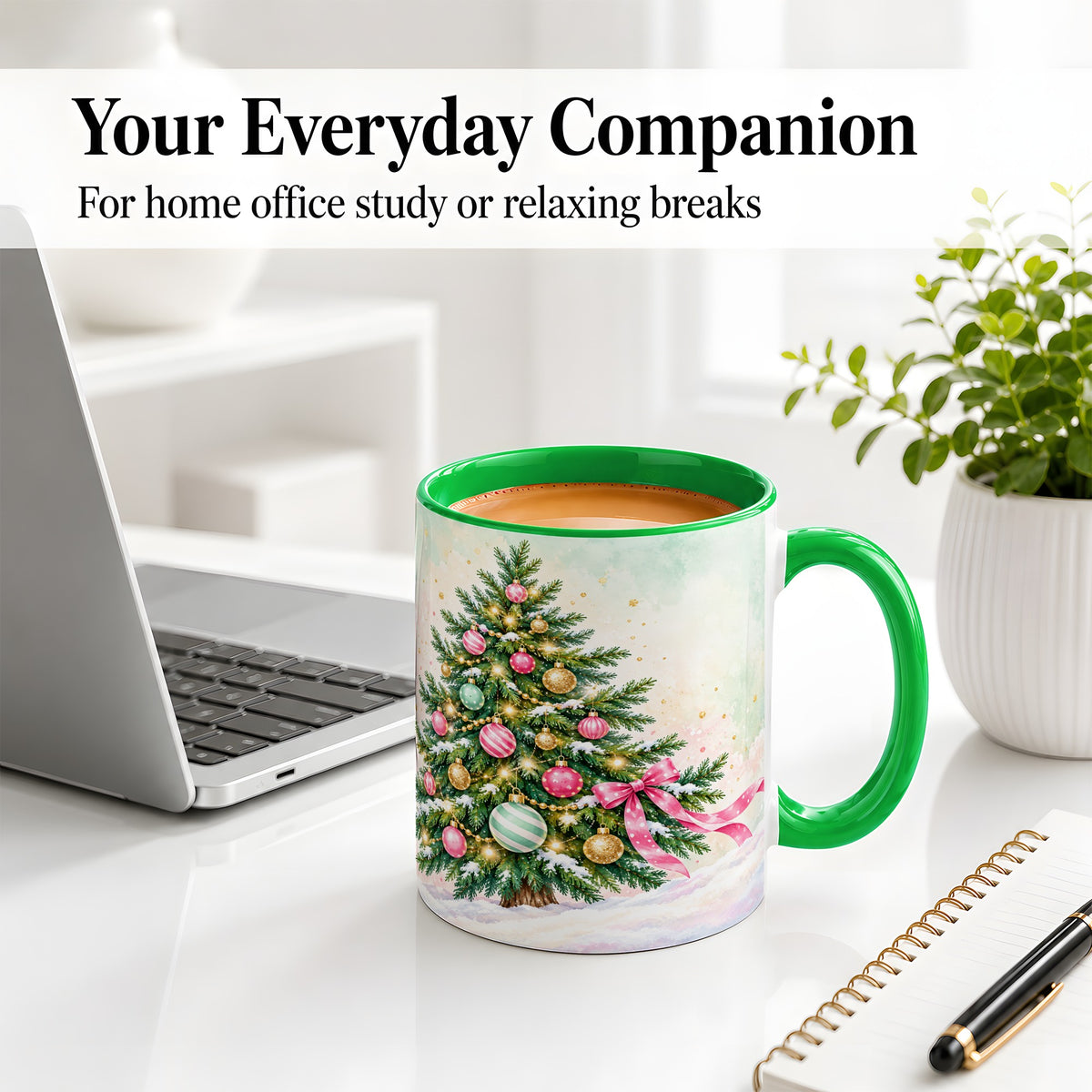 #pl[11oz|Green] Pastel Christmas Tree Accent Mug, Ceramic Cup with Pink Bow Art