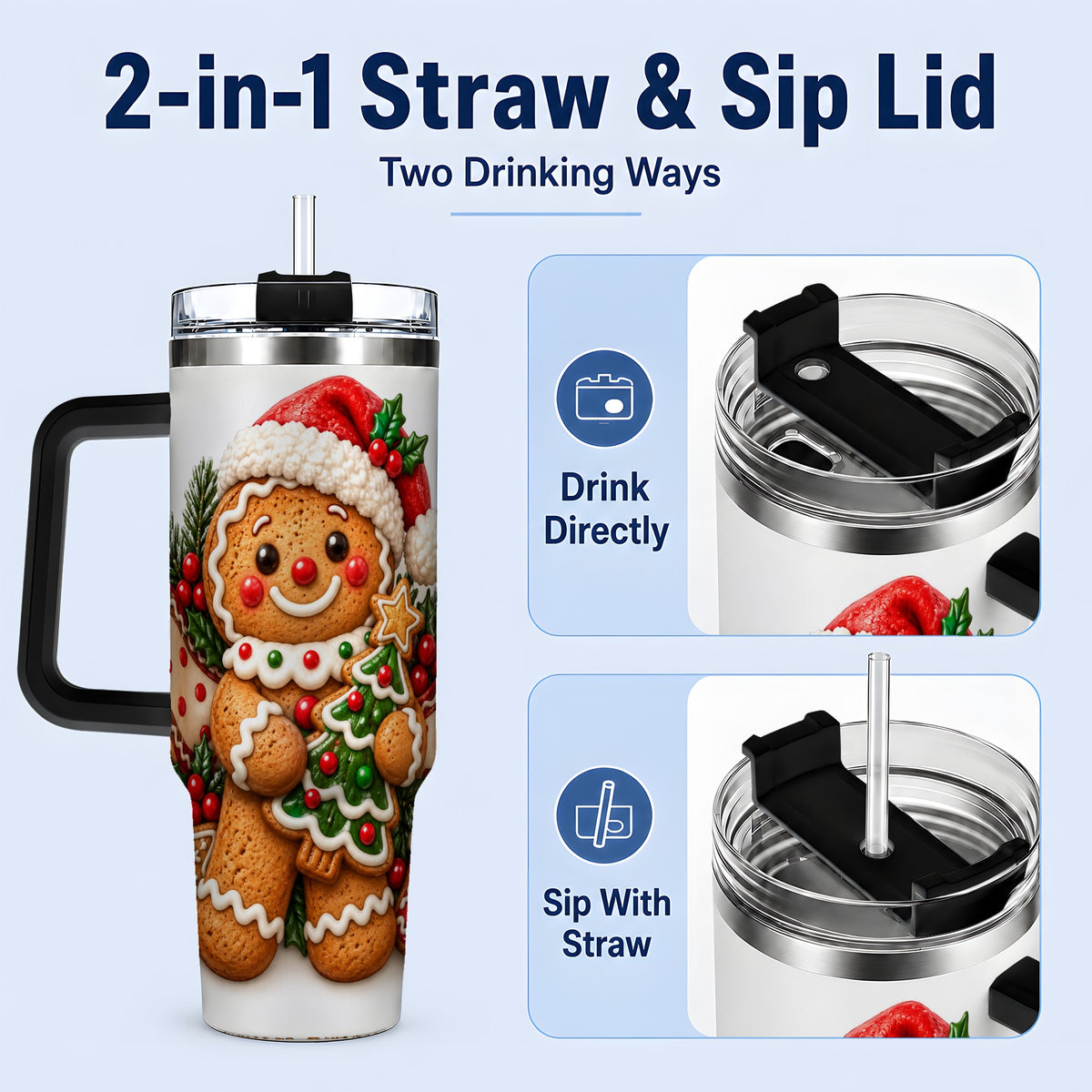 #pl[40oz|Black] Christmas Gingerbread Man Handled Tumbler, 40oz Holiday Drinkware