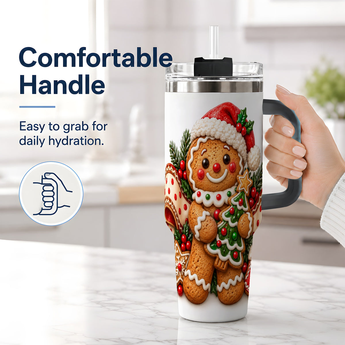 #pl[40oz|Black] Christmas Gingerbread Man Handled Tumbler, 40oz Holiday Drinkware