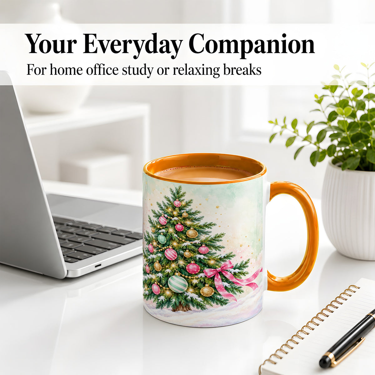 #pl[11oz|Orange] Pastel Christmas Tree Accent Mug, Ceramic Cup with Pink Bow Art