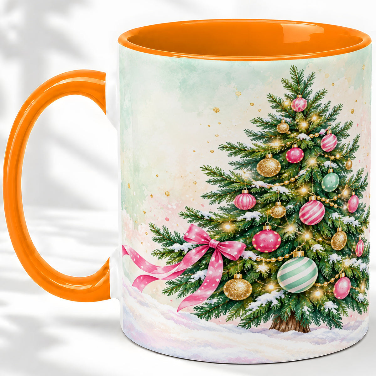 #pl[11oz|Orange] Pastel Christmas Tree Accent Mug, Ceramic Cup with Pink Bow Art