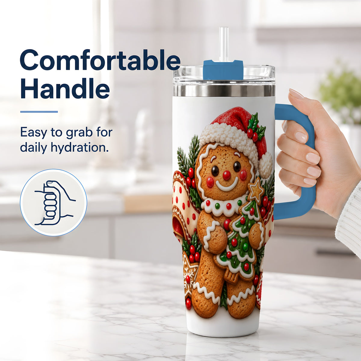 #pl[40oz|Blue] Christmas Gingerbread Man Handled Tumbler, 40oz Holiday Drinkware