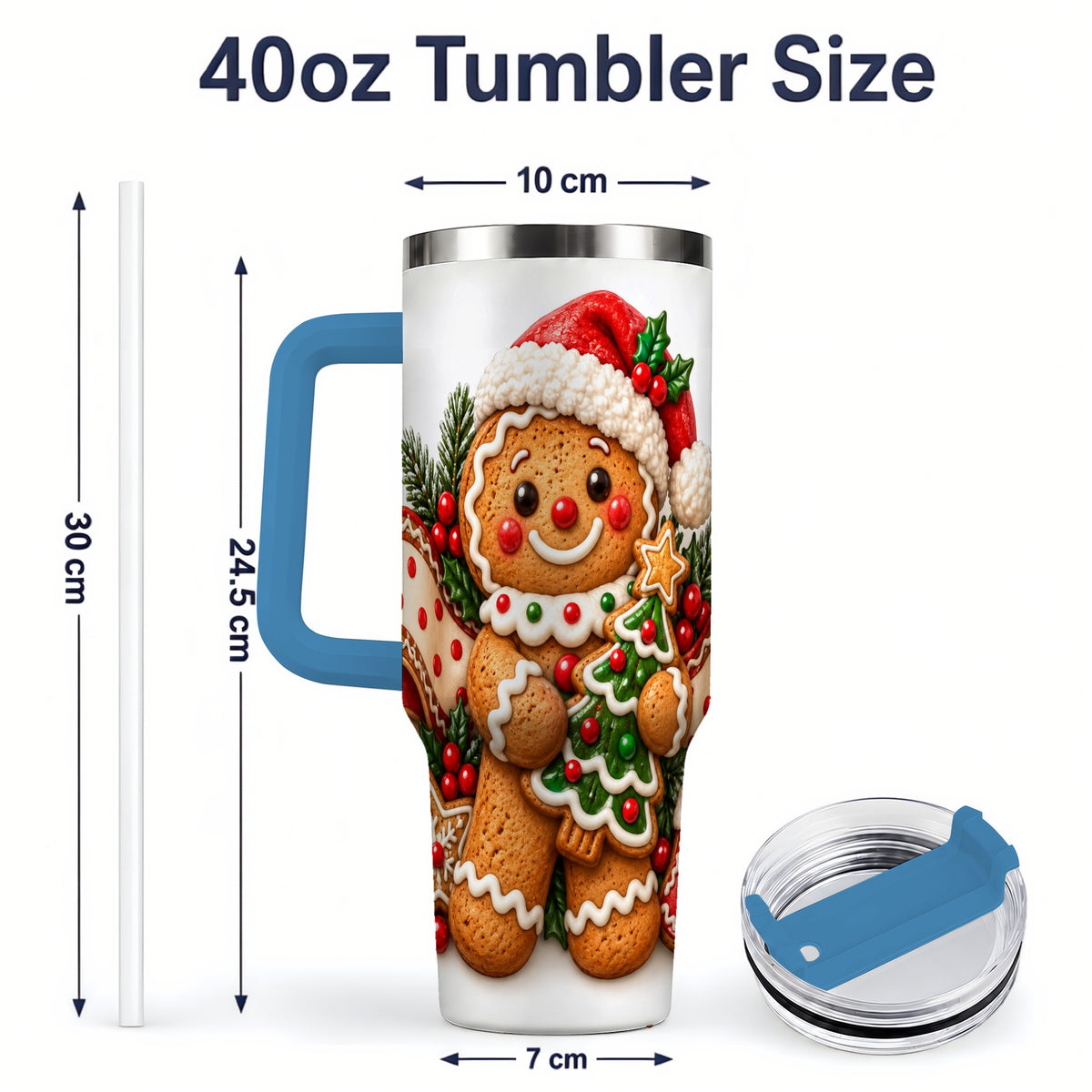 #pl[40oz|Blue] Christmas Gingerbread Man Handled Tumbler, 40oz Holiday Drinkware