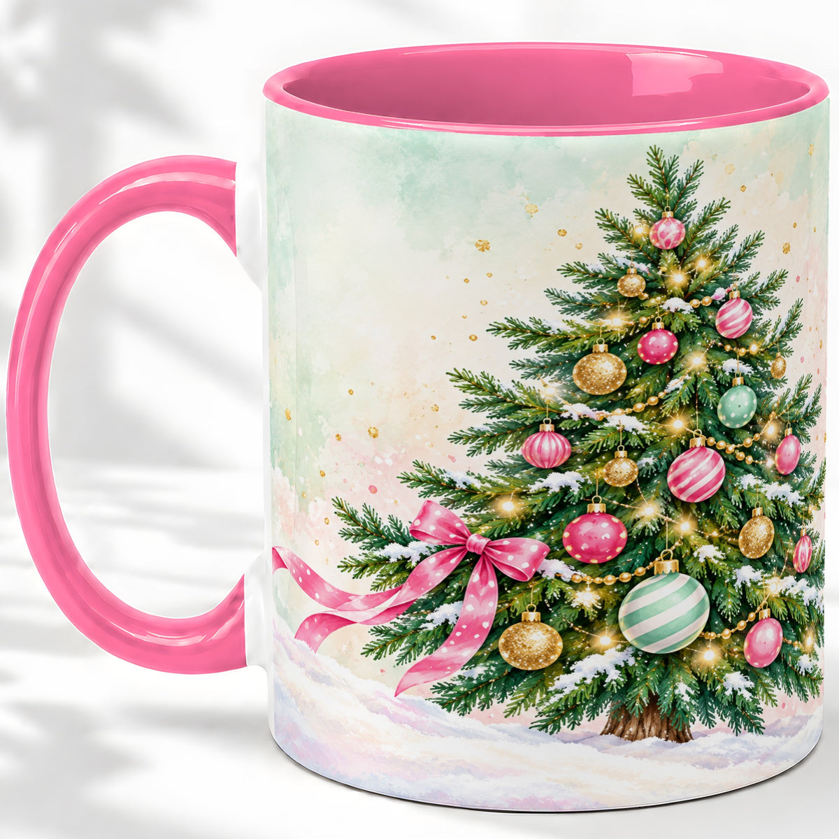 #pl[11oz|Pink] Pastel Christmas Tree Accent Mug, Ceramic Cup with Pink Bow Art