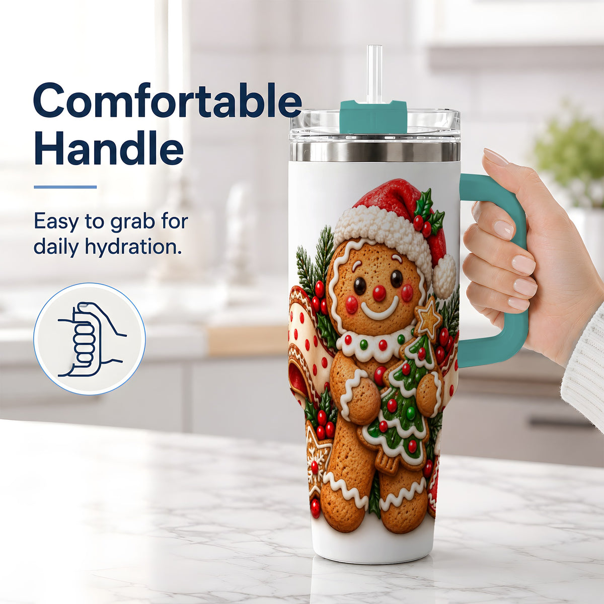 #pl[40oz|Green] Christmas Gingerbread Man Handled Tumbler, 40oz Holiday Drinkware