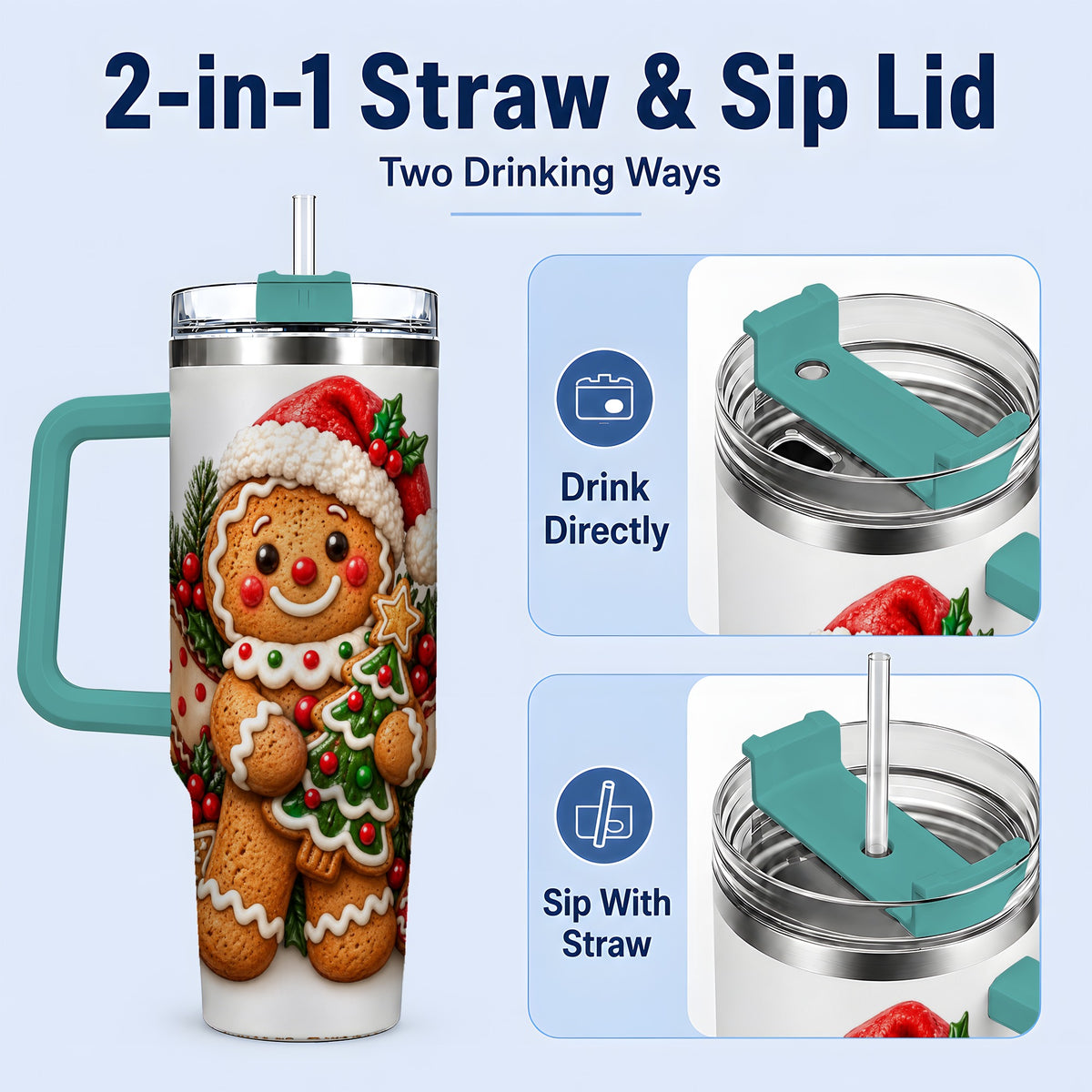 #pl[40oz|Green] Christmas Gingerbread Man Handled Tumbler, 40oz Holiday Drinkware