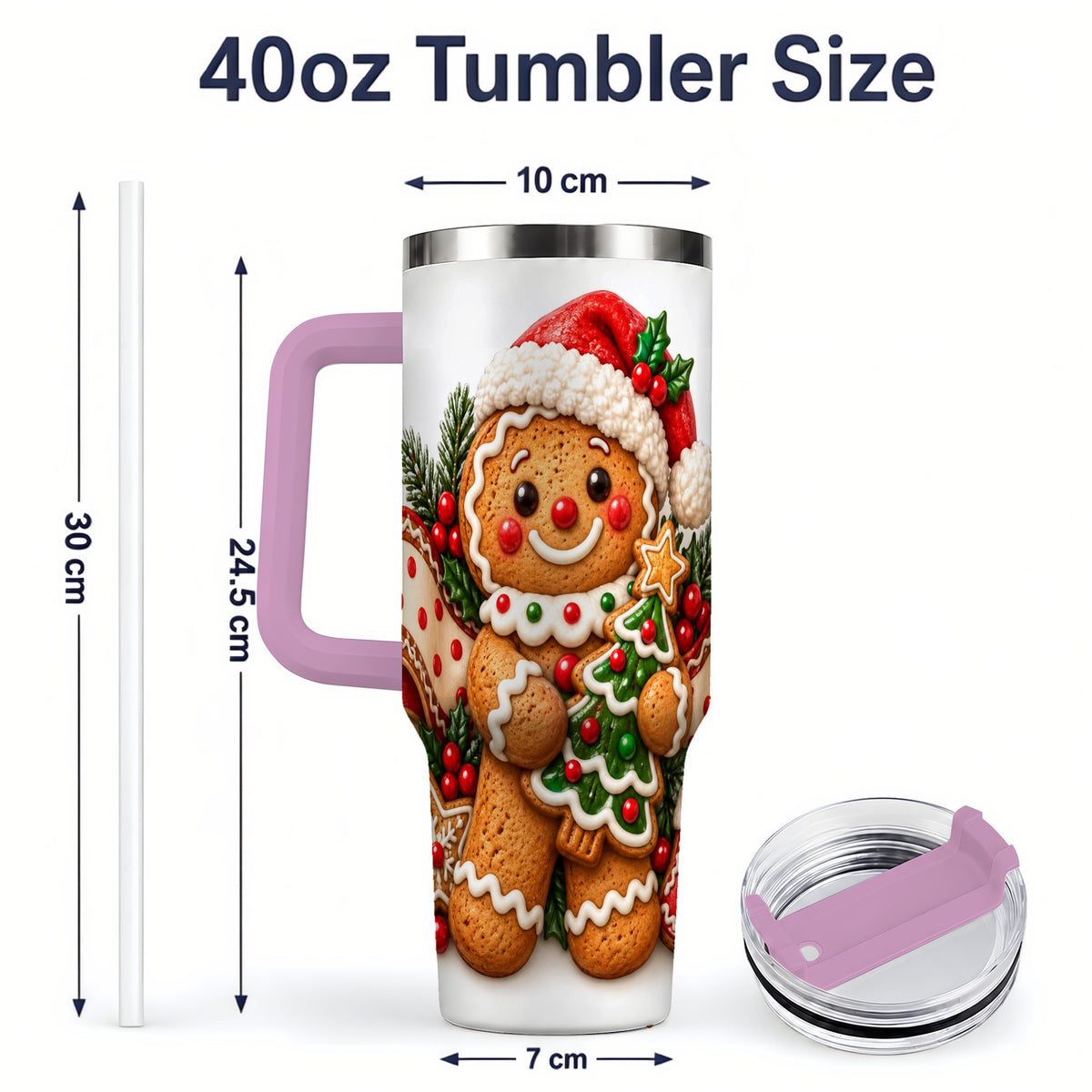 #pl[40oz|Pink] Christmas Gingerbread Man Handled Tumbler, 40oz Holiday Drinkware