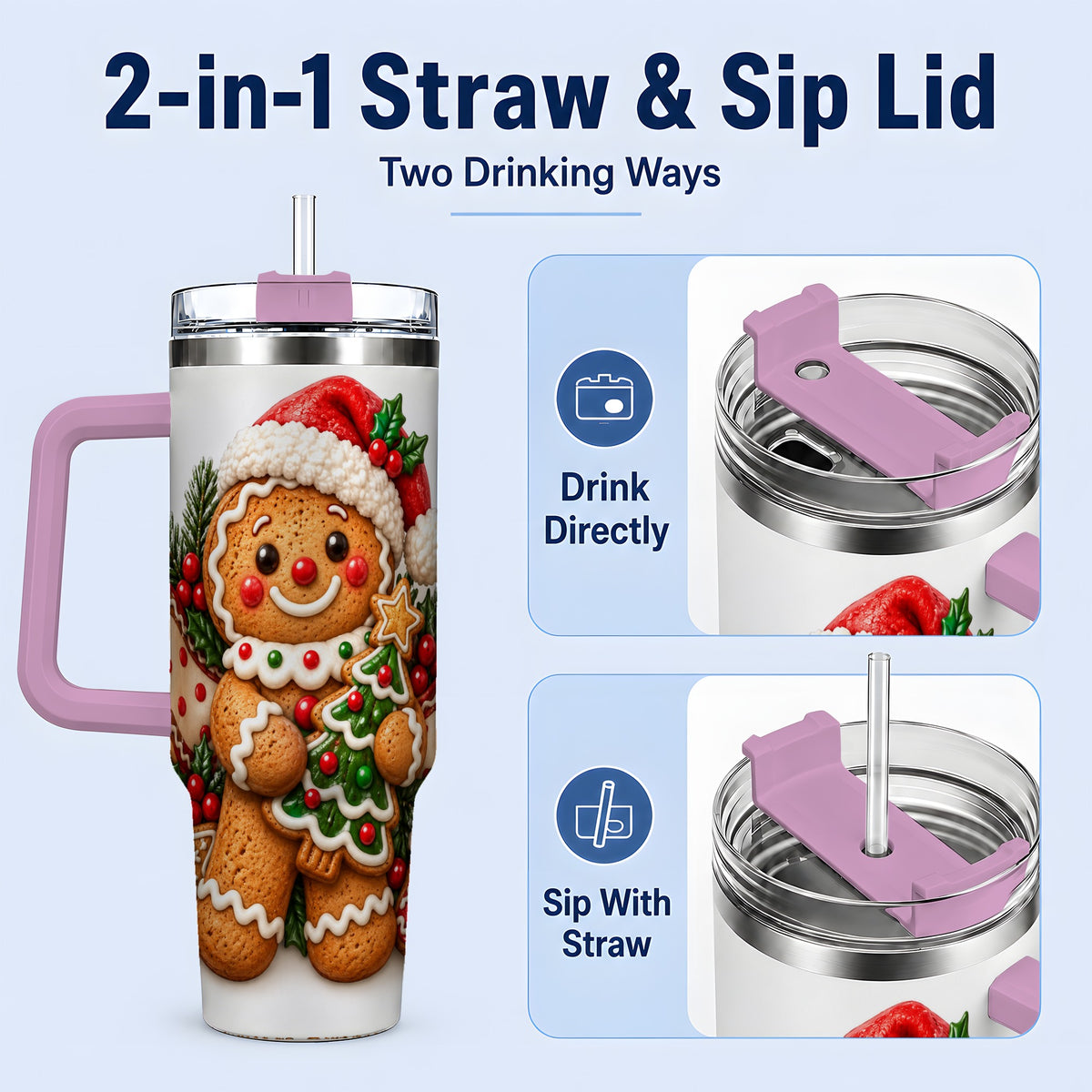 #pl[40oz|Pink] Christmas Gingerbread Man Handled Tumbler, 40oz Holiday Drinkware