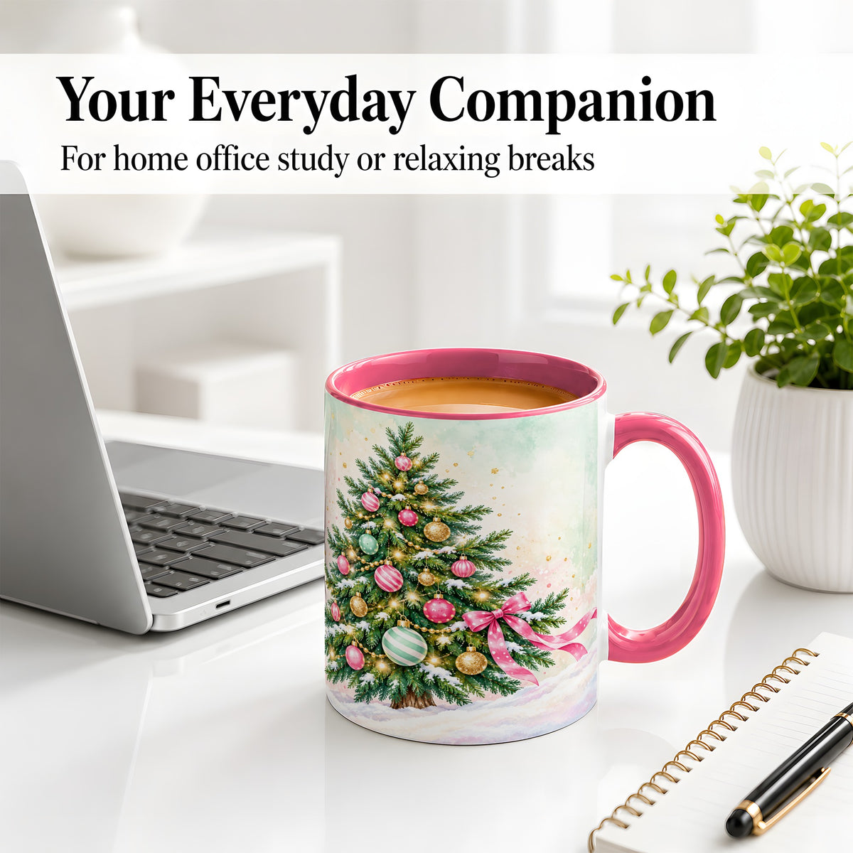 #pl[11oz|Pink] Pastel Christmas Tree Accent Mug, Ceramic Cup with Pink Bow Art