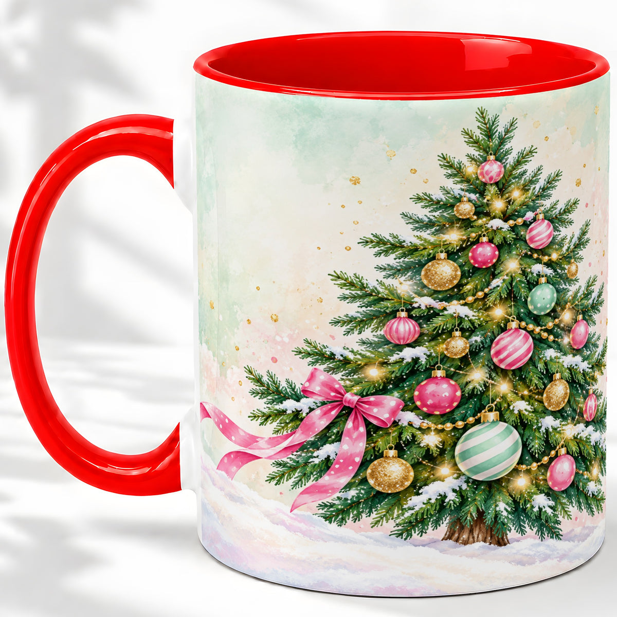 Pastel Christmas Tree Accent Mug, Ceramic Cup with Pink Bow Art