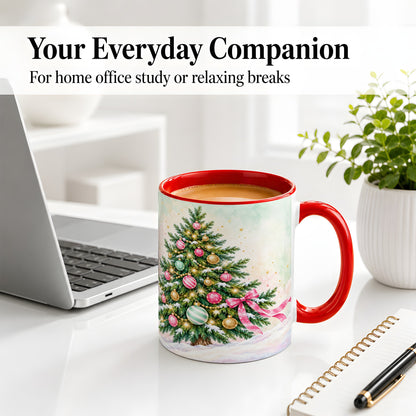 #pl[11oz|Red] Pastel Christmas Tree Accent Mug, Ceramic Cup with Pink Bow Art