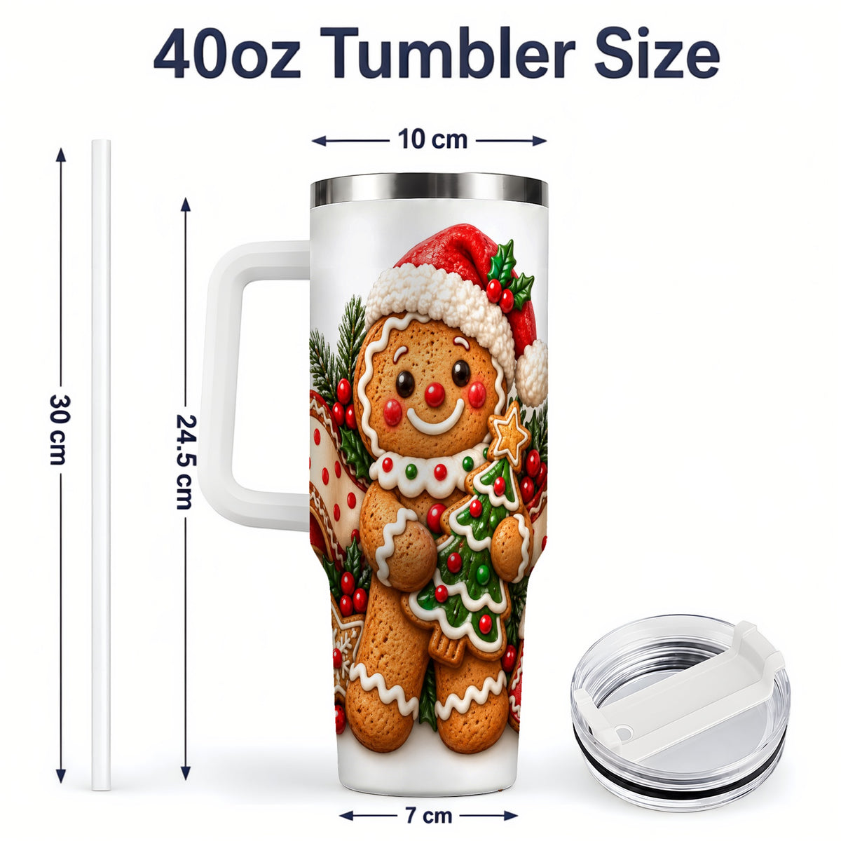 #pl[40oz|White] Christmas Gingerbread Man Handled Tumbler, 40oz Holiday Drinkware
