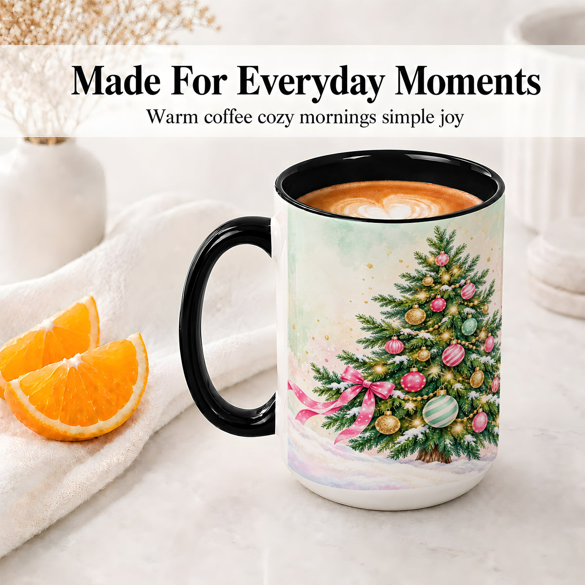 #pl[15oz|Black] Pastel Christmas Tree Accent Mug, Ceramic Cup with Pink Bow Art