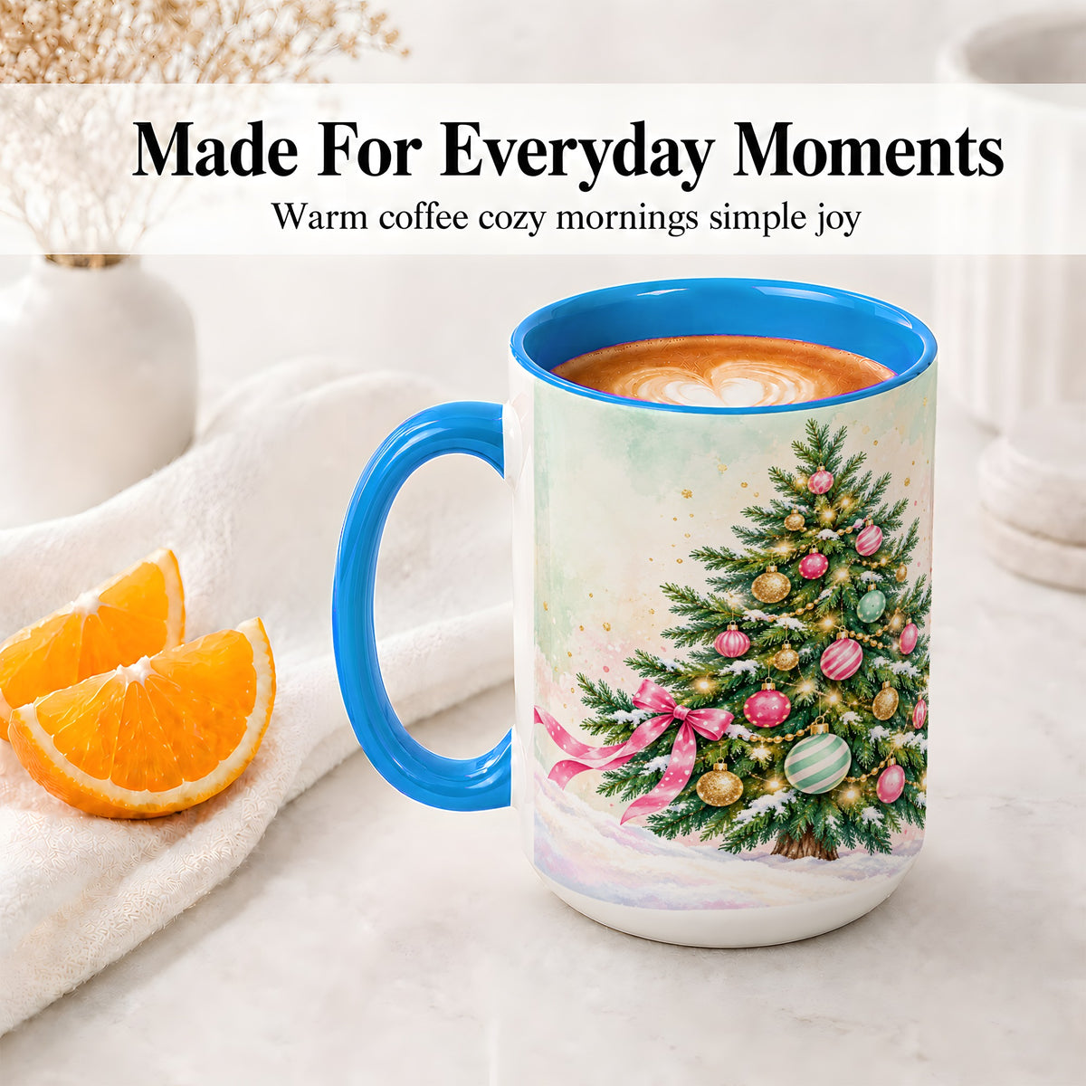 #pl[15oz|Blue] Pastel Christmas Tree Accent Mug, Ceramic Cup with Pink Bow Art