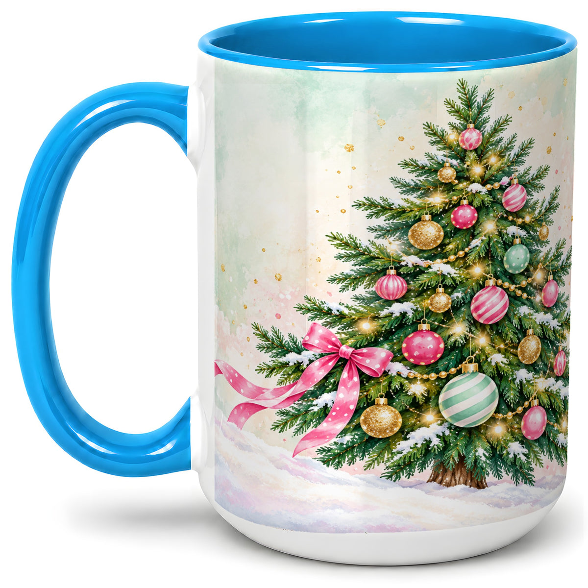 #pl[15oz|Blue] Pastel Christmas Tree Accent Mug, Ceramic Cup with Pink Bow Art