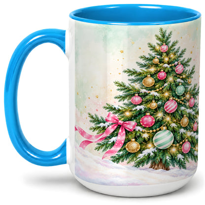 #pl[15oz|Blue] Pastel Christmas Tree Accent Mug, Ceramic Cup with Pink Bow Art