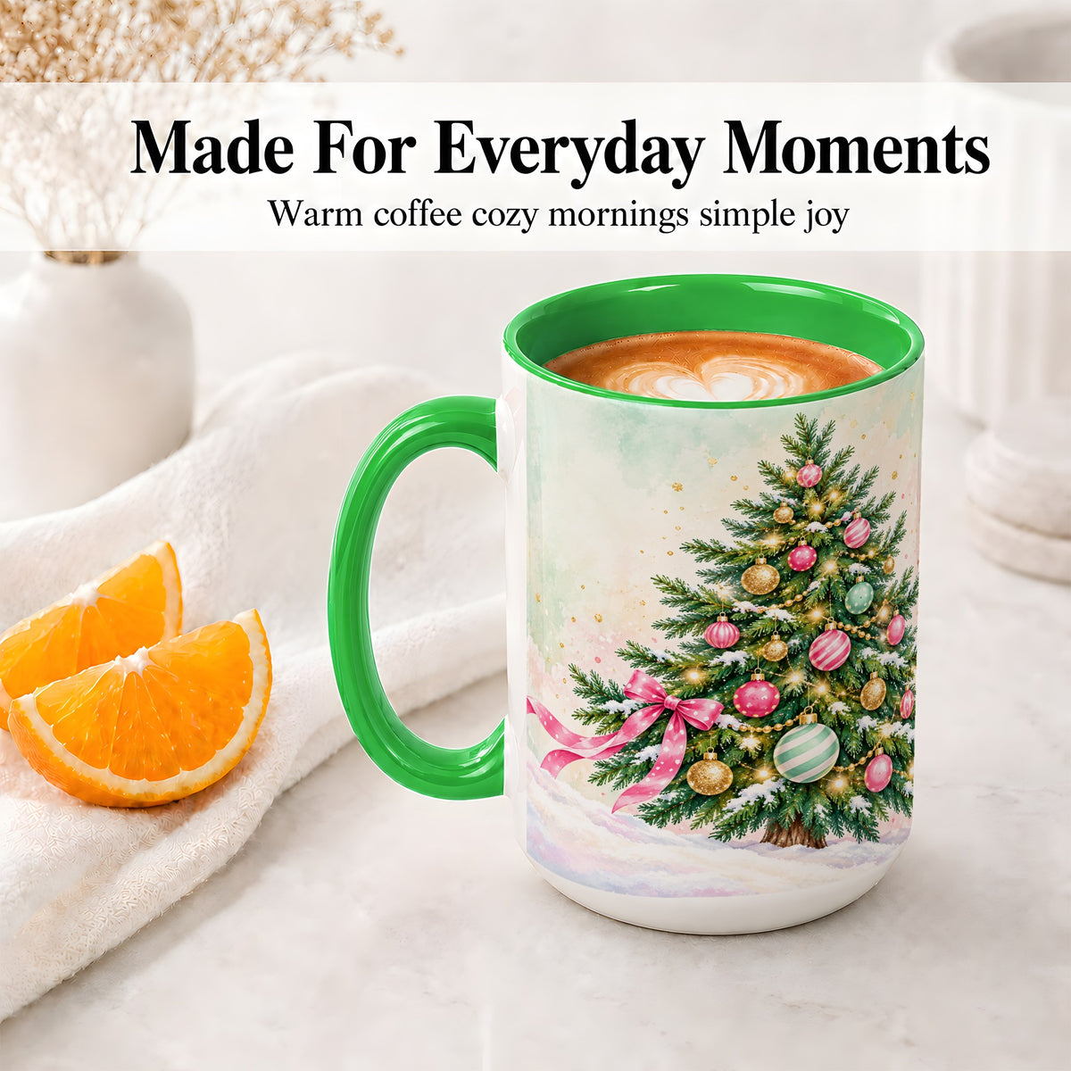 #pl[15oz|Green] Pastel Christmas Tree Accent Mug, Ceramic Cup with Pink Bow Art