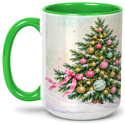 #pl[15oz|Green] Pastel Christmas Tree Accent Mug, Ceramic Cup with Pink Bow Art