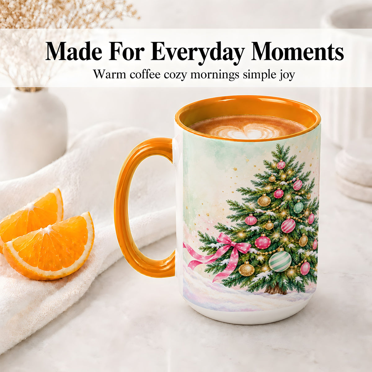 #pl[15oz|Orange] Pastel Christmas Tree Accent Mug, Ceramic Cup with Pink Bow Art