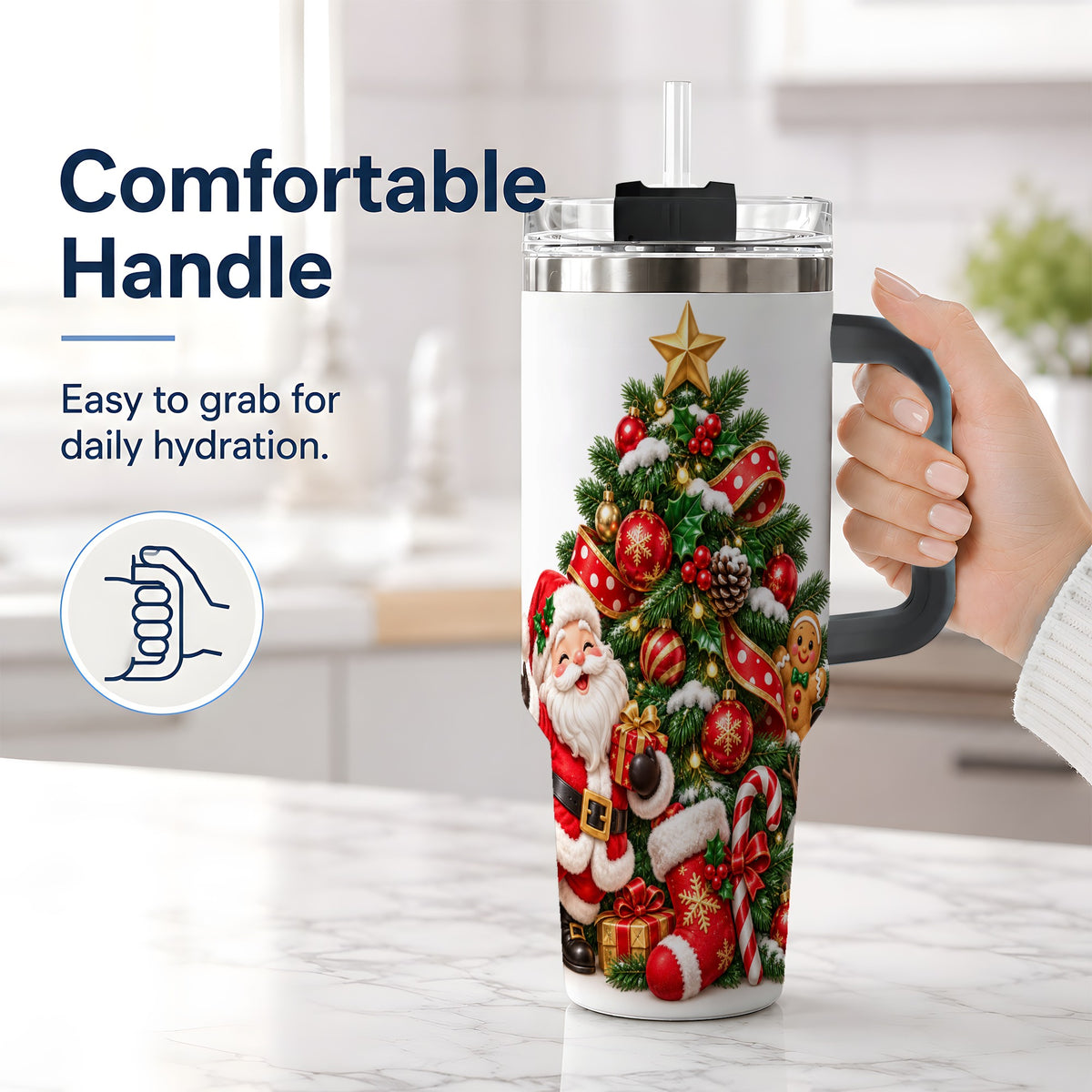 #pl[40oz|Black] Santa Christmas Tree Handled Tumbler, 40oz Holiday Drinkware