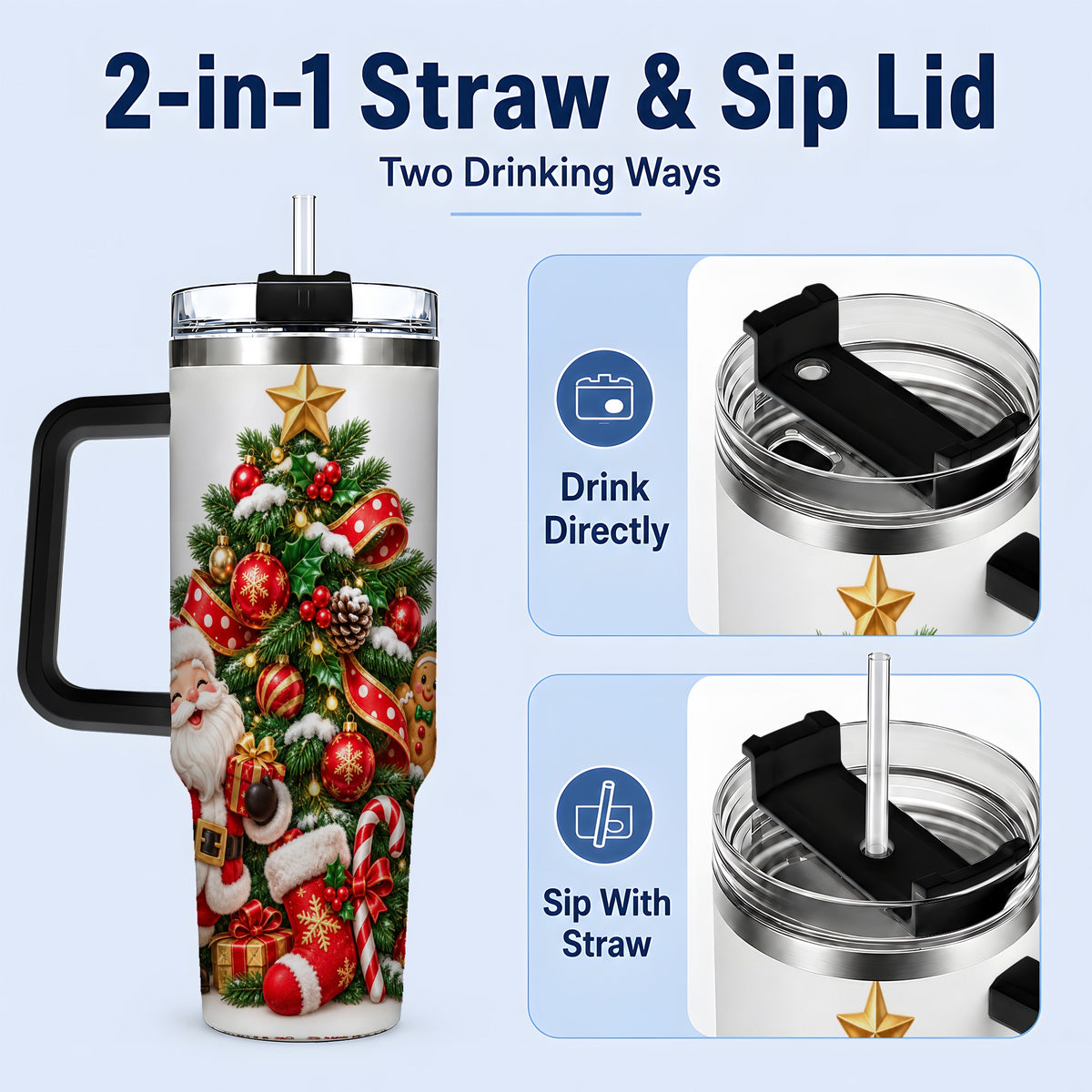 #pl[40oz|Black] Santa Christmas Tree Handled Tumbler, 40oz Holiday Drinkware